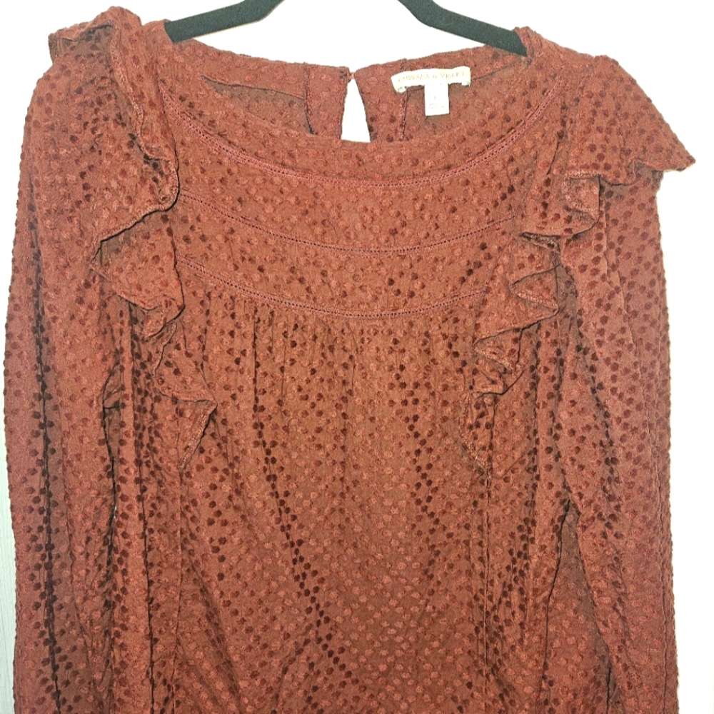 Textured Rust Blouse with Ruffle Details